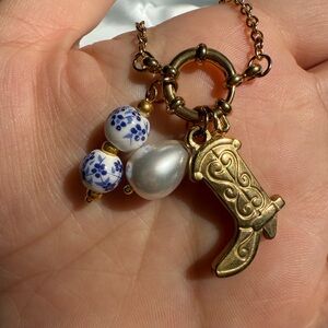 Anthropologie stainless steel ceramic unique Gold Charm Necklace with Boot